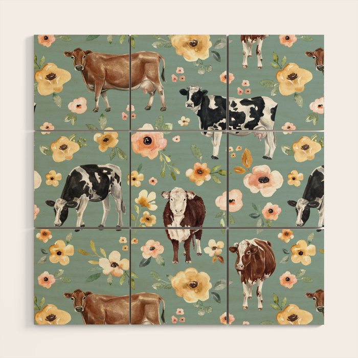 Cows and Flowers on Country Blue, Yellow Flowers, Cow Floral, Pink Flowers Wood Wall Art Gallery Image 1