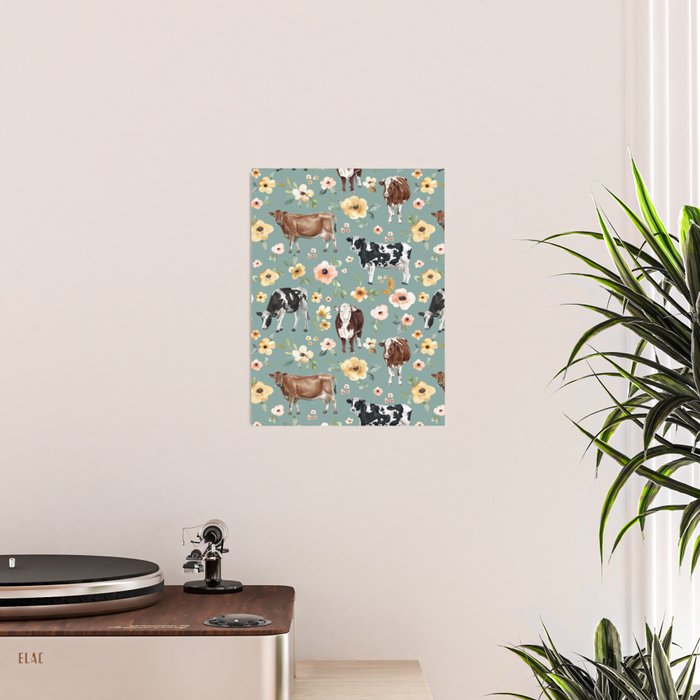 Cows and Flowers on Country Blue, Yellow Flowers, Cow Floral, Pink Flowers Poster Gallery Image 2