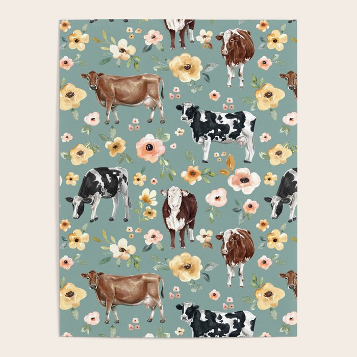 Cows and Flowers on Country Blue, Yellow Flowers, Cow Floral, Pink Flowers Poster Gallery Image 1