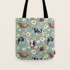 Cows and Flowers on Country Blue, Yellow Flowers, Cow Floral, Pink Flowers Tote Bag Gallery Image 1