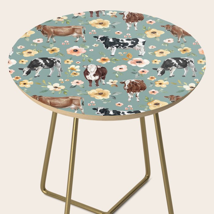 Cows and Flowers on Country Blue, Yellow Flowers, Cow Floral, Pink Flowers Side Table Gallery Image 2