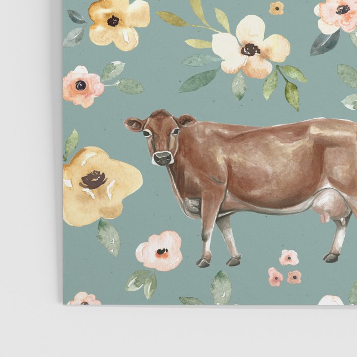 Cows and Flowers on Country Blue, Yellow Flowers, Cow Floral, Pink Flowers Poster Gallery Image 3