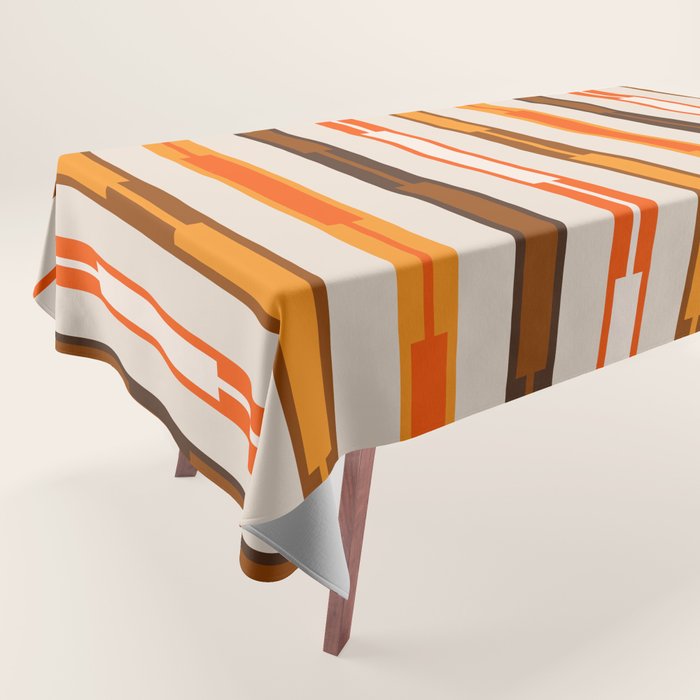 Retro Geo Chain Vertical Block Stripes Pattern in 70s Brown Orange Cream Beige Tablecloth Gallery Image 1