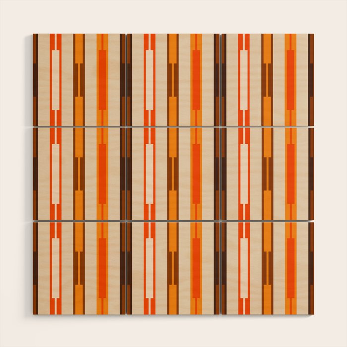 Retro Geo Chain Vertical Block Stripes Pattern in 70s Brown Orange Cream Beige Wood Wall Art Gallery Image 1