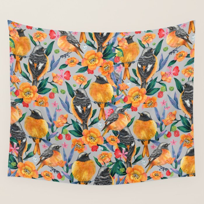 Orange Birds Florals - GREY Wall Tapestry Gallery Image 4