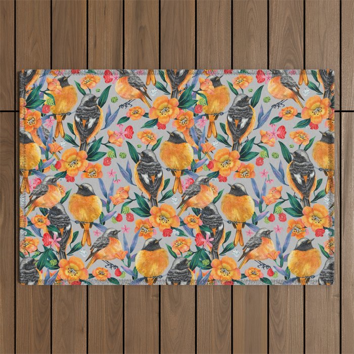 Orange Birds Florals - GREY Outdoor Rug Gallery Image 1