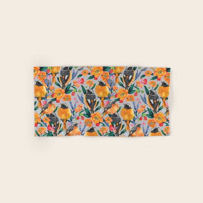 Orange Birds Florals - GREY Bath Towel Gallery Image 1