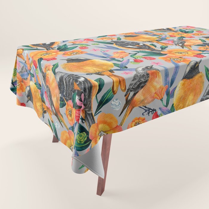 Orange Birds Florals - GREY Tablecloth Gallery Image 1
