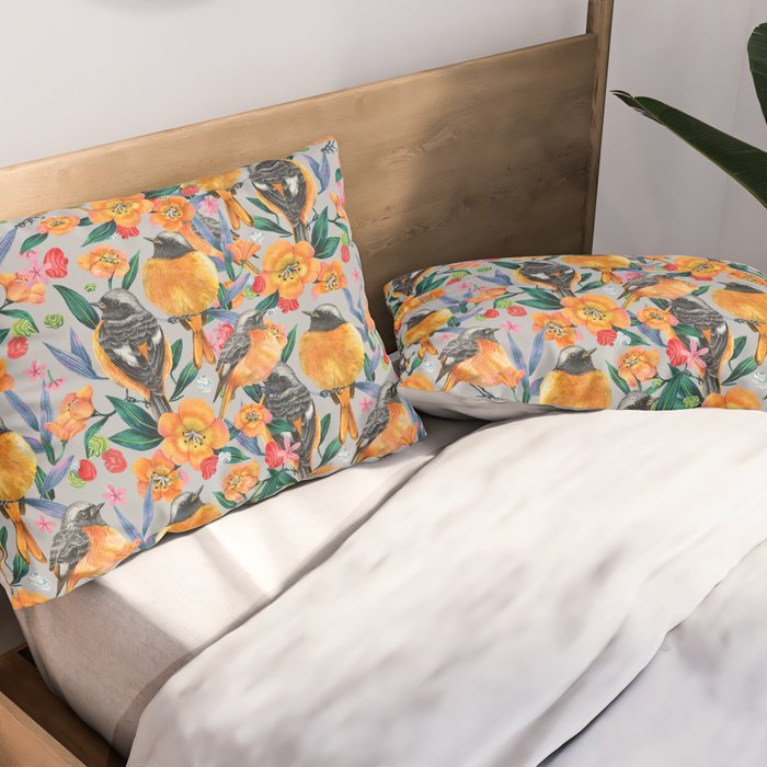 Orange Birds Florals - GREY Pillow Sham Gallery Image 2
