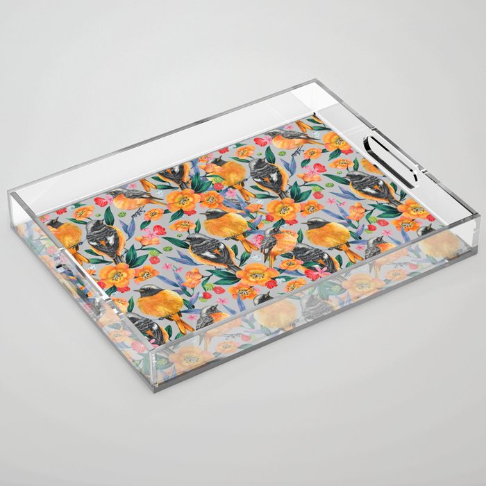 Orange Birds Florals - GREY Acrylic Tray Gallery Image 1