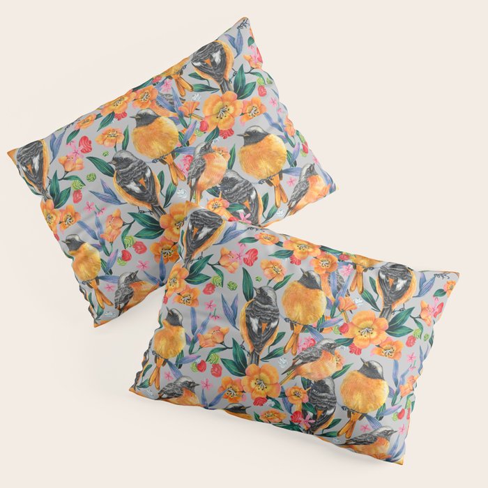 Orange Birds Florals - GREY Pillow Sham Gallery Image 1
