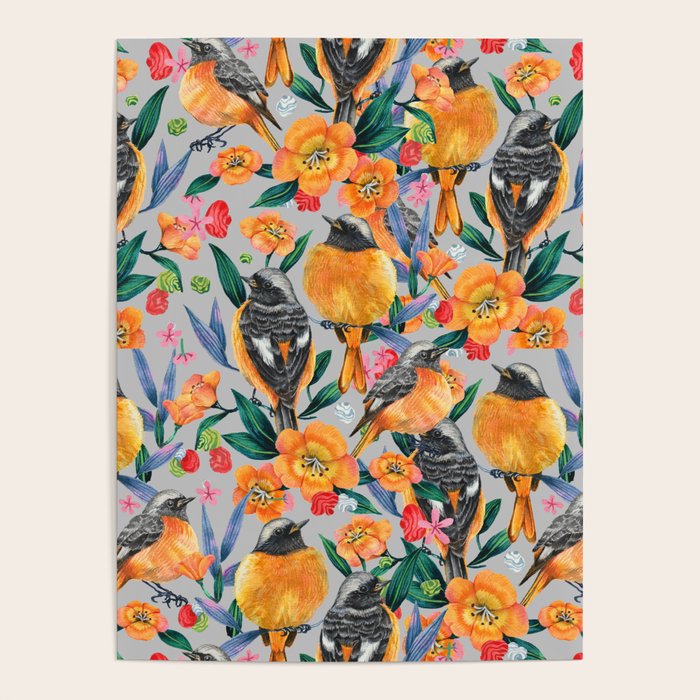Orange Birds Florals - GREY Poster Gallery Image 1