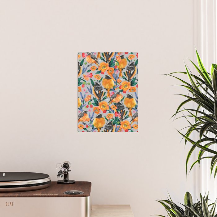 Orange Birds Florals - GREY Poster Gallery Image 2