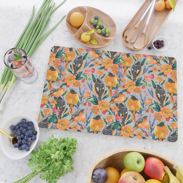Orange Birds Florals - GREY Cutting Board Gallery Image 2