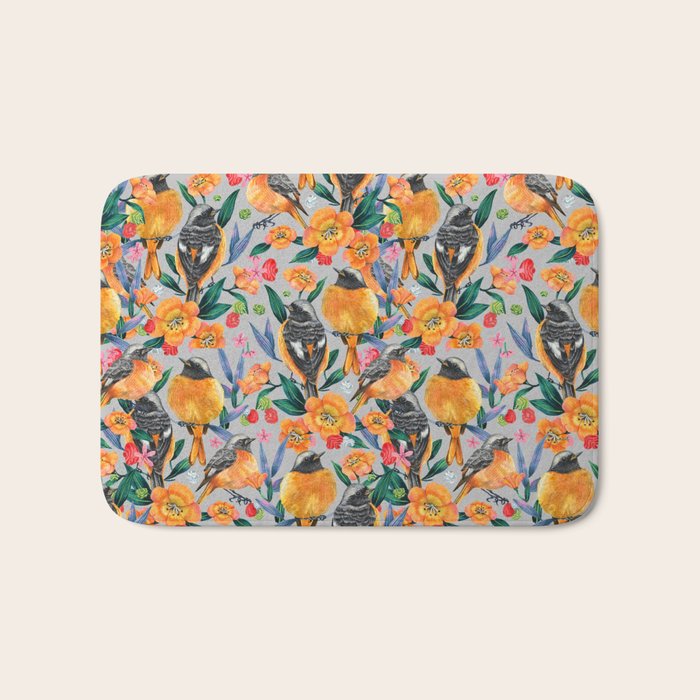 Orange Birds Florals - GREY Bath Mat Gallery Image 1