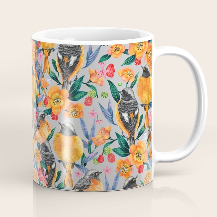 Orange Birds Florals - GREY Coffee Mug Gallery Image 1