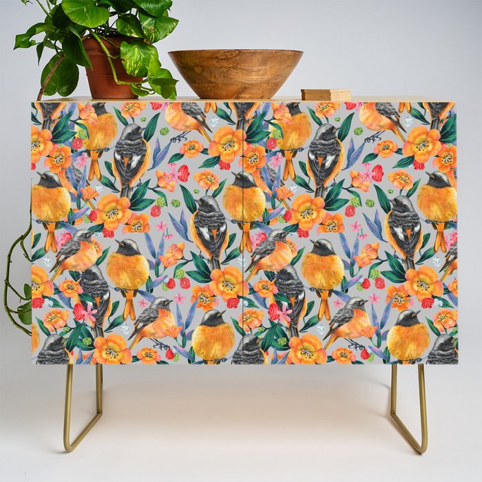 Orange Birds Florals - GREY Credenza Gallery Image 1