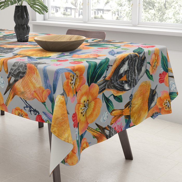 Orange Birds Florals - GREY Tablecloth Gallery Image 3