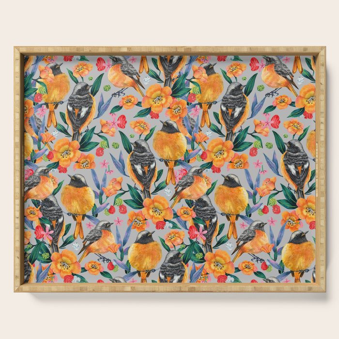 Orange Birds Florals - GREY Serving Tray Gallery Image 1