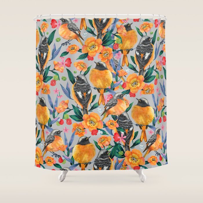 Orange Birds Florals - GREY Shower Curtain Gallery Image 1