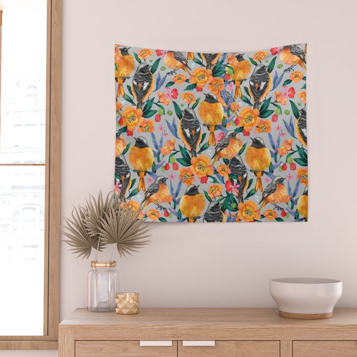 Orange Birds Florals - GREY Wall Tapestry Gallery Image 2