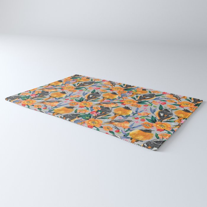 Orange Birds Florals - GREY Rug Gallery Image 3