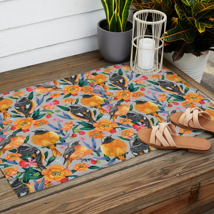 Orange Birds Florals - GREY Outdoor Rug Gallery Image 2