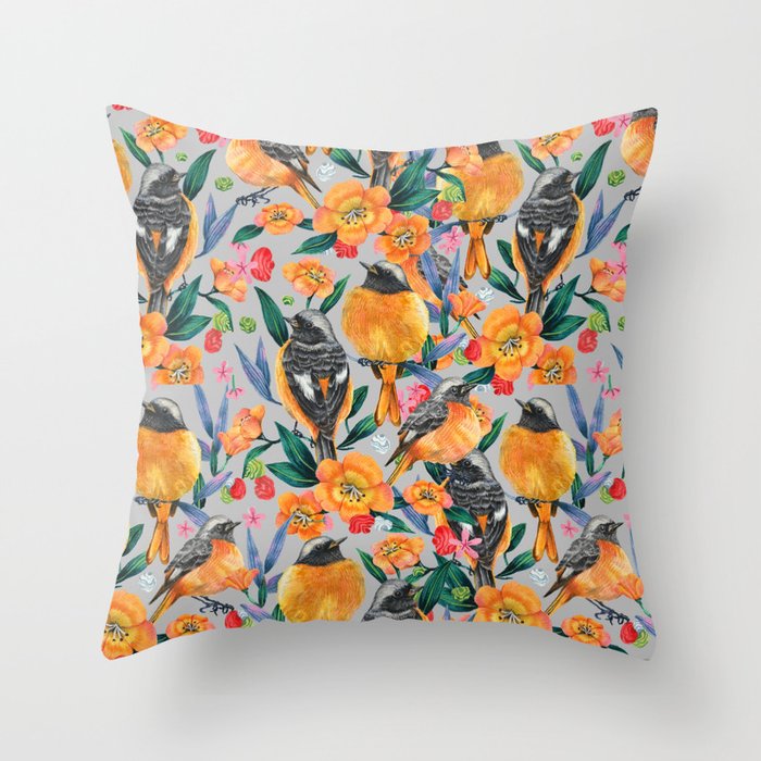 Orange Birds Florals - GREY Throw Pillow Gallery Image 1