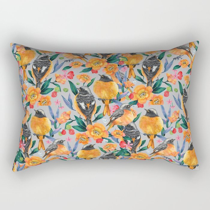 Orange Birds Florals - GREY Rectangular Pillow Gallery Image 2