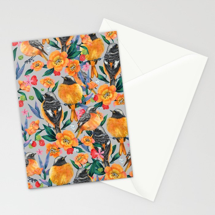 Orange Birds Florals - GREY Stationery Card Gallery Image 2