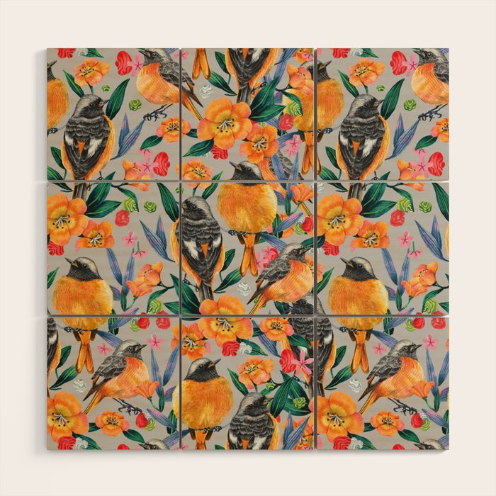 Orange Birds Florals - GREY Wood Wall Art Gallery Image 1