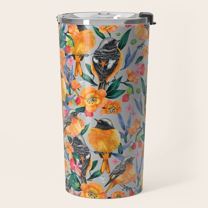 Orange Birds Florals - GREY Travel Mug Gallery Image 2