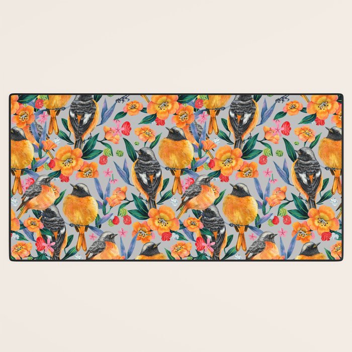Orange Birds Florals - GREY Desk Mat Gallery Image 3