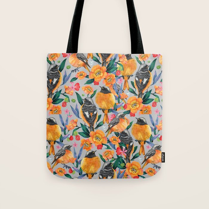 Orange Birds Florals - GREY Tote Bag Gallery Image 1