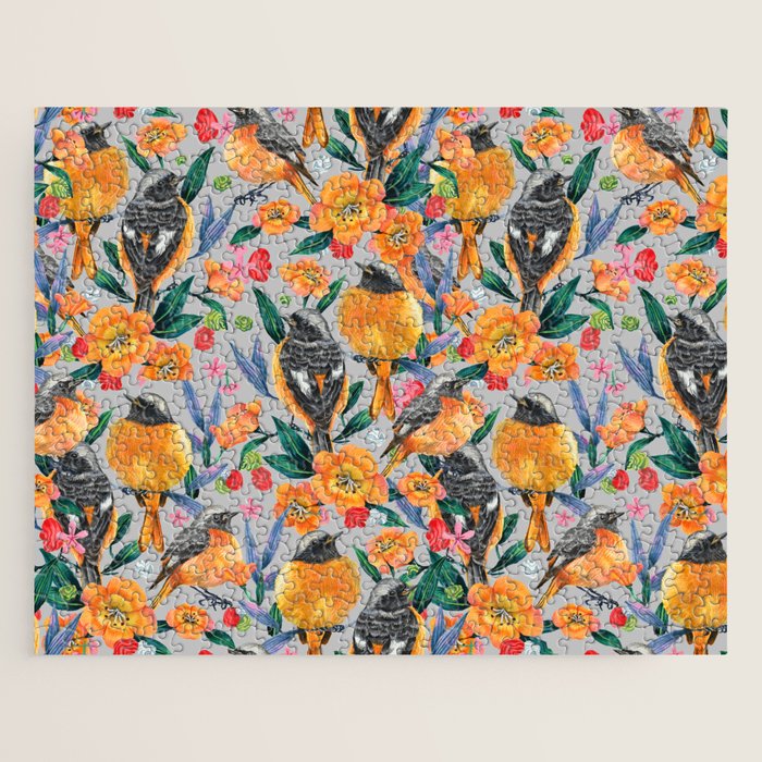 Orange Birds Florals - GREY Jigsaw Puzzle Gallery Image 1