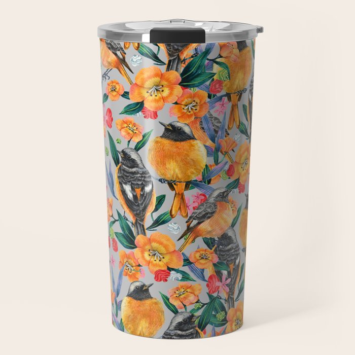 Orange Birds Florals - GREY Travel Mug Gallery Image 1