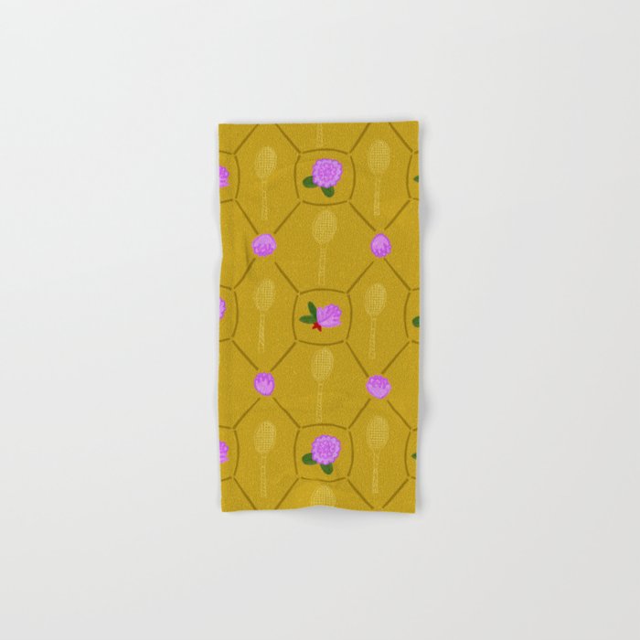 Tennis Rackets & Roses in Ochre & Purple Bath Towel Gallery Image 1