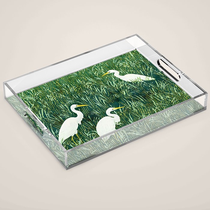 White Egrets in Tall Green Grass Watercolor Acrylic Tray Gallery Image 1