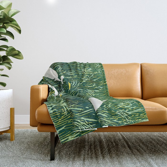 White Egrets in Tall Green Grass Watercolor Throw Blanket Gallery Image 1