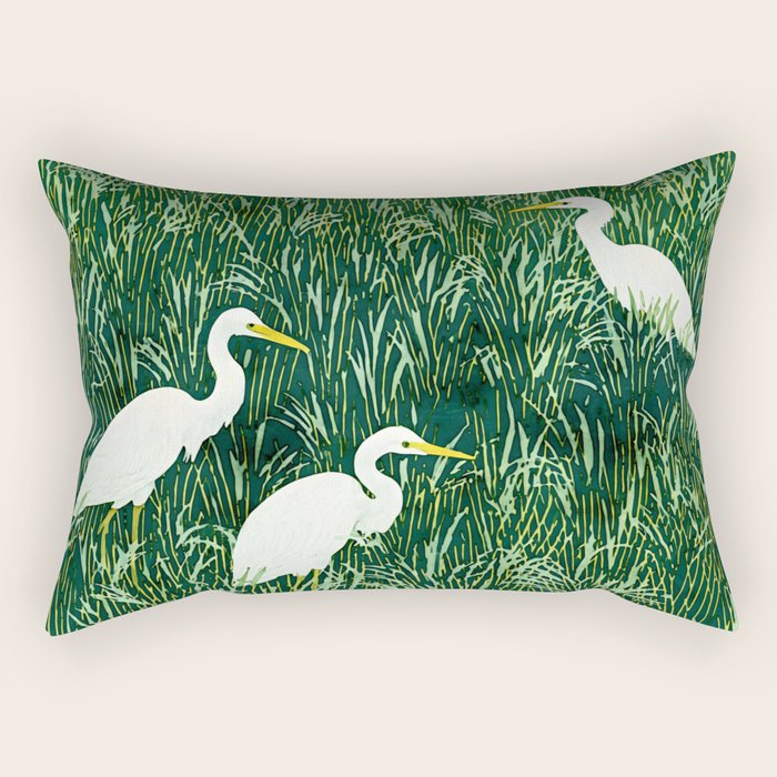 White Egrets in Tall Green Grass Watercolor Rectangular Pillow Gallery Image 1