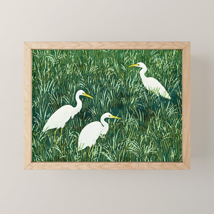 White Egrets in Tall Green Grass Watercolor Mini Art Print Gallery Image 1