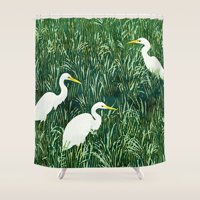 White Egrets in Tall Green Grass Watercolor Shower Curtain Gallery Image 1