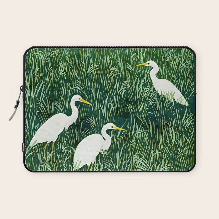 White Egrets in Tall Green Grass Watercolor Laptop Sleeve Gallery Image 1