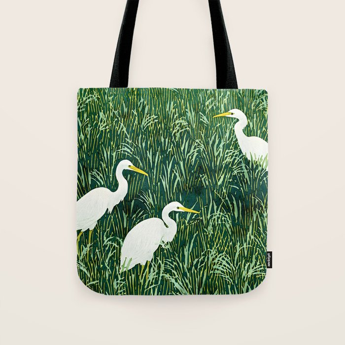 White Egrets in Tall Green Grass Watercolor Tote Bag Gallery Image 1