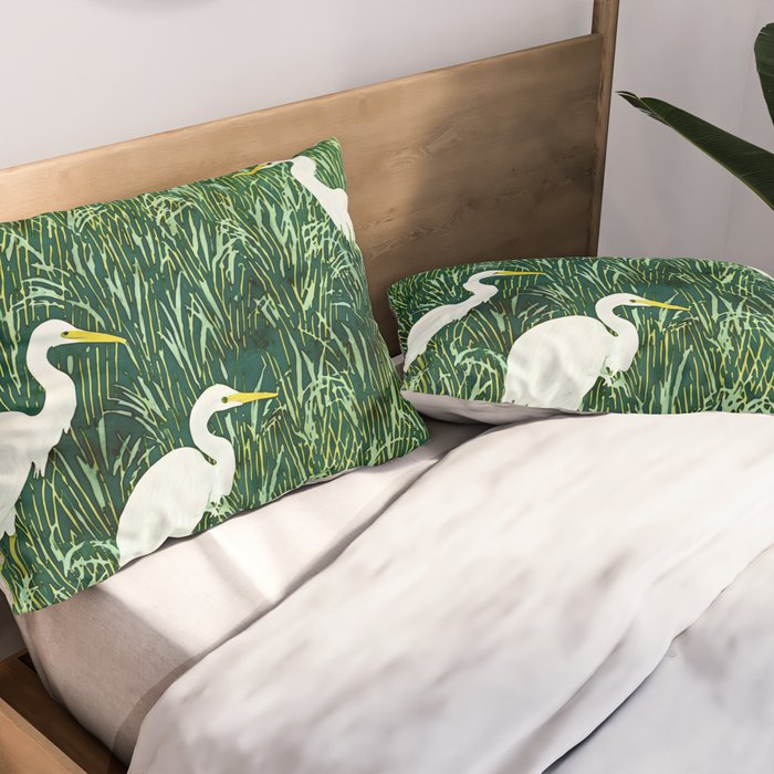 White Egrets in Tall Green Grass Watercolor Pillow Sham Gallery Image 2