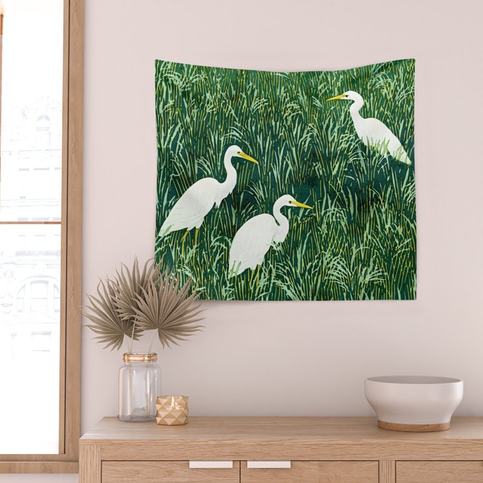 White Egrets in Tall Green Grass Watercolor Wall Tapestry Gallery Image 2