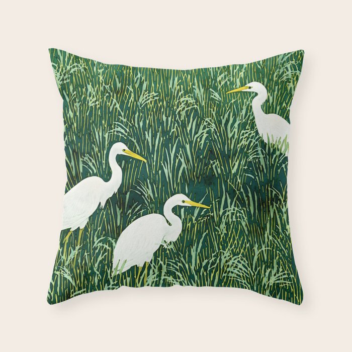White Egrets in Tall Green Grass Watercolor Throw Pillow Gallery Image 1
