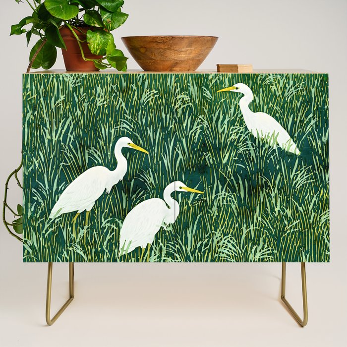 White Egrets in Tall Green Grass Watercolor Credenza Gallery Image 1