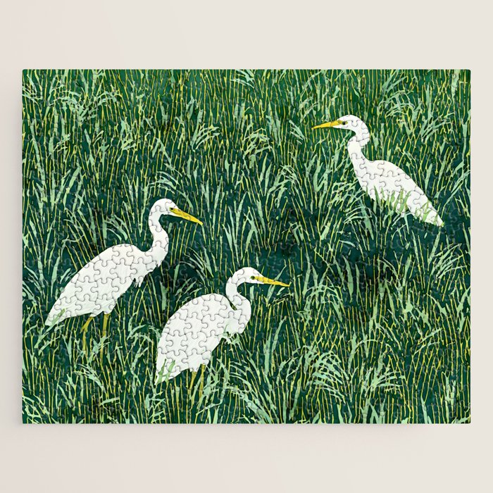 White Egrets in Tall Green Grass Watercolor Jigsaw Puzzle Gallery Image 1
