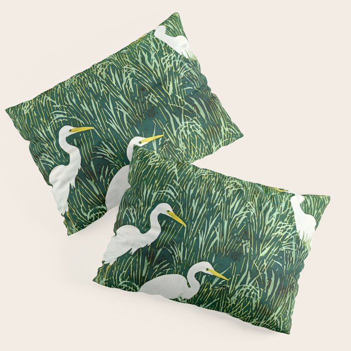 White Egrets in Tall Green Grass Watercolor Pillow Sham Gallery Image 1